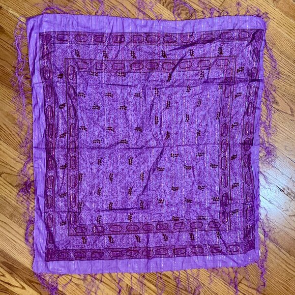 Purple Burgundy Square Scarf Floral Design Fringe & Metallic Rainbow Accents - Picture 6 of 6